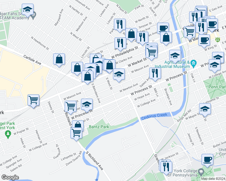 map of restaurants, bars, coffee shops, grocery stores, and more near 139 South West Street in York