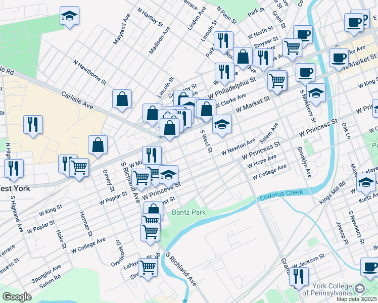 map of restaurants, bars, coffee shops, grocery stores, and more near in York