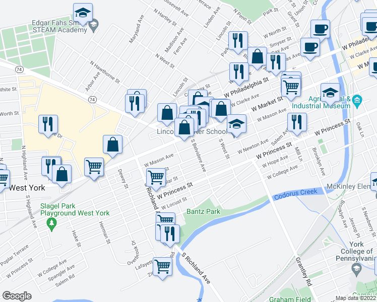 map of restaurants, bars, coffee shops, grocery stores, and more near 47 South Royal Street in York