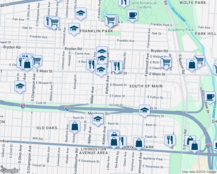 map of restaurants, bars, coffee shops, grocery stores, and more near 545 Kelton Avenue in Columbus