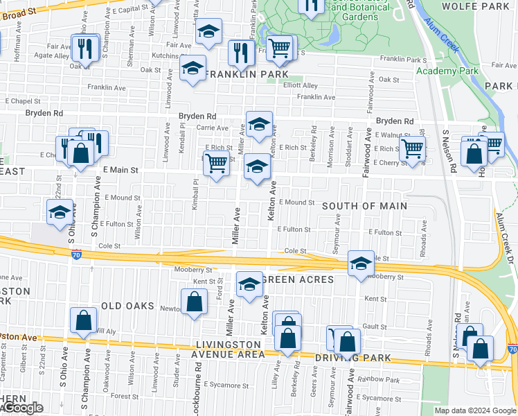 map of restaurants, bars, coffee shops, grocery stores, and more near 545 Kelton Avenue in Columbus