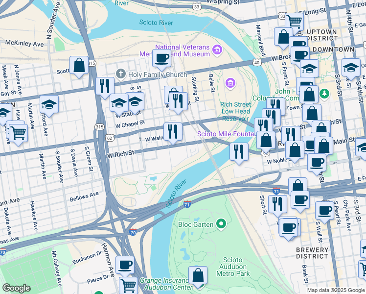 map of restaurants, bars, coffee shops, grocery stores, and more near 447 West Rich Street in Columbus
