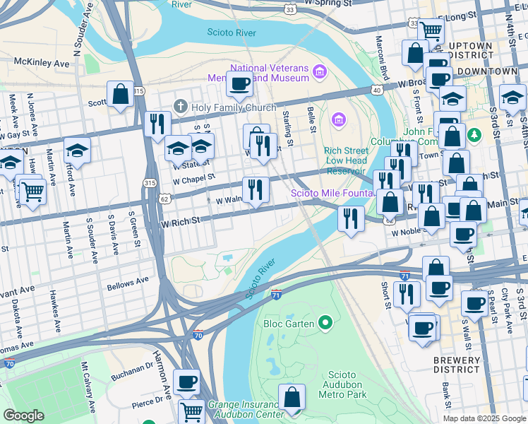map of restaurants, bars, coffee shops, grocery stores, and more near 447 West Rich Street in Columbus