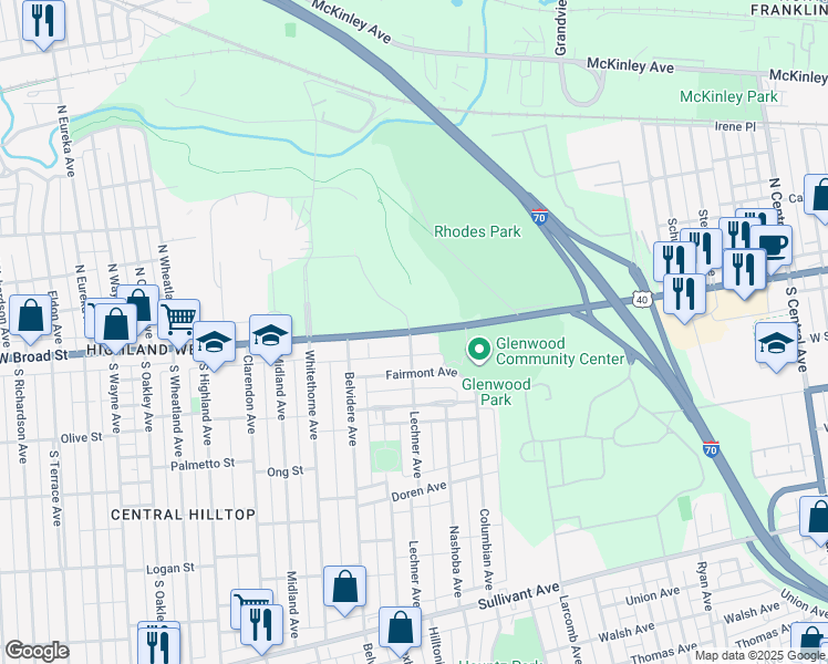 map of restaurants, bars, coffee shops, grocery stores, and more near 1945-1947 West Broad Street in Columbus