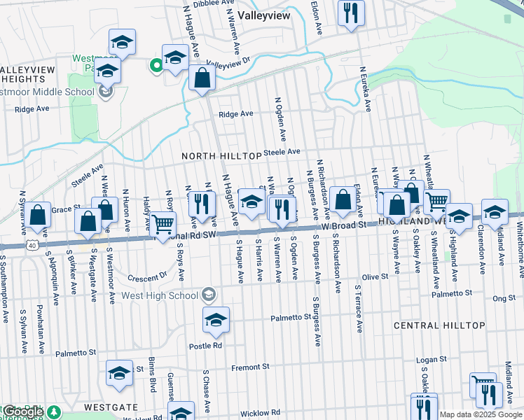 map of restaurants, bars, coffee shops, grocery stores, and more near 2744 West Broad Street in Columbus