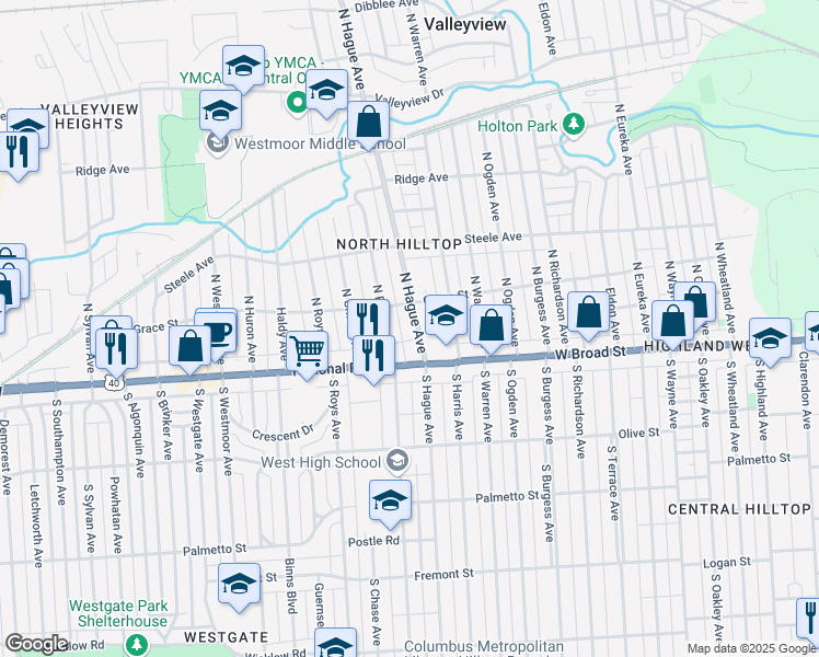 map of restaurants, bars, coffee shops, grocery stores, and more near in Columbus