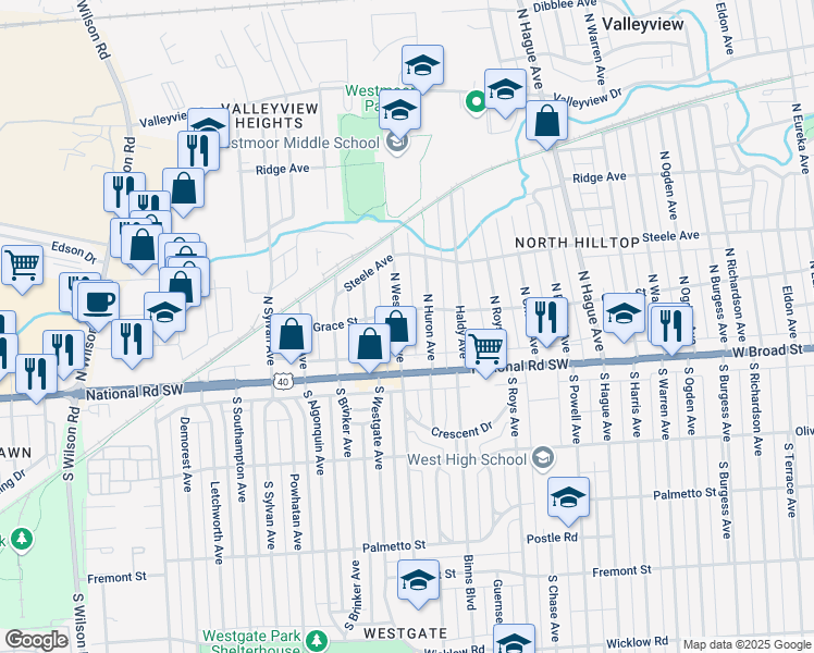 map of restaurants, bars, coffee shops, grocery stores, and more near 57 North Westmoor Avenue in Columbus