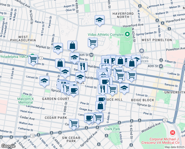 map of restaurants, bars, coffee shops, grocery stores, and more near 136 South 46th Street in Philadelphia