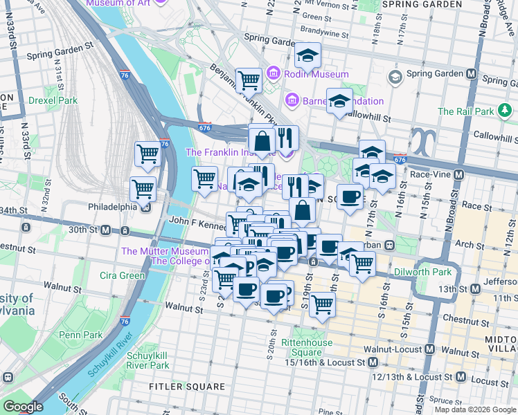 map of restaurants, bars, coffee shops, grocery stores, and more near 2112 Arch Street in Philadelphia