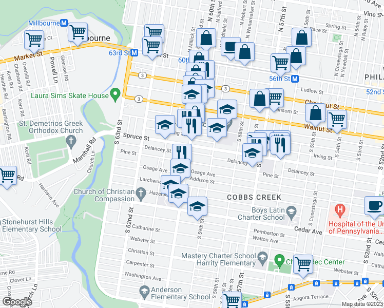 map of restaurants, bars, coffee shops, grocery stores, and more near 313 South 60th Street in Philadelphia