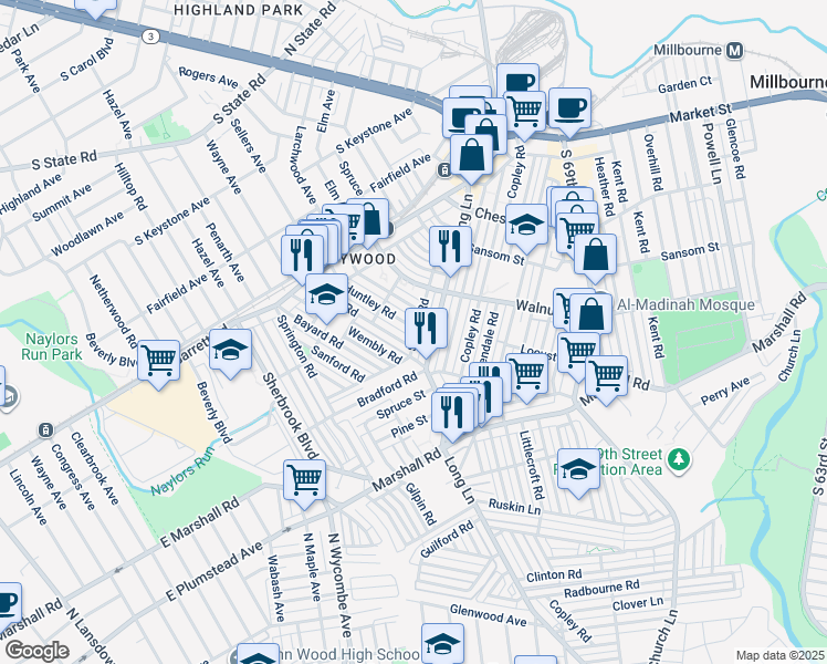 map of restaurants, bars, coffee shops, grocery stores, and more near 204 Huntley Road in Upper Darby