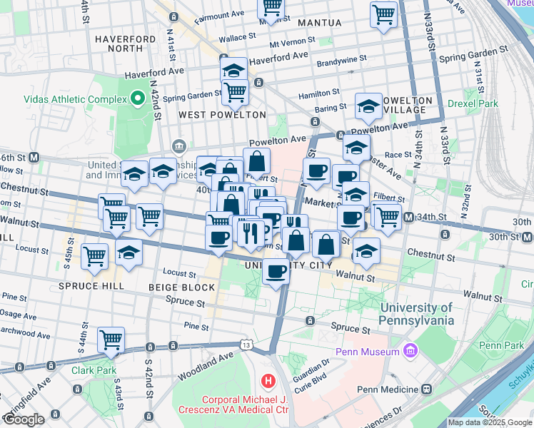 map of restaurants, bars, coffee shops, grocery stores, and more near 20 South 39th Street in Philadelphia