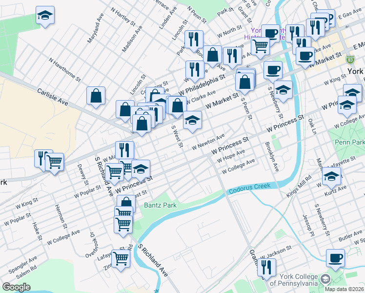 map of restaurants, bars, coffee shops, grocery stores, and more near 139 South West Street in York