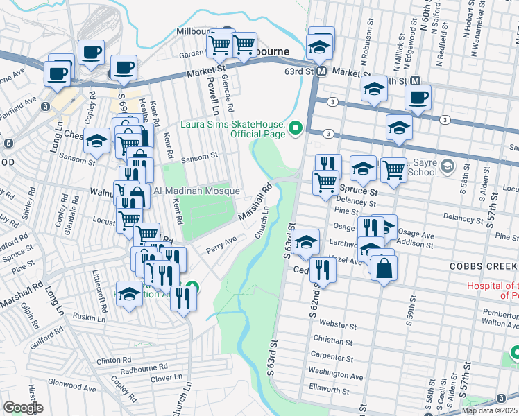 map of restaurants, bars, coffee shops, grocery stores, and more near 6605 Short Lane in Delaware County