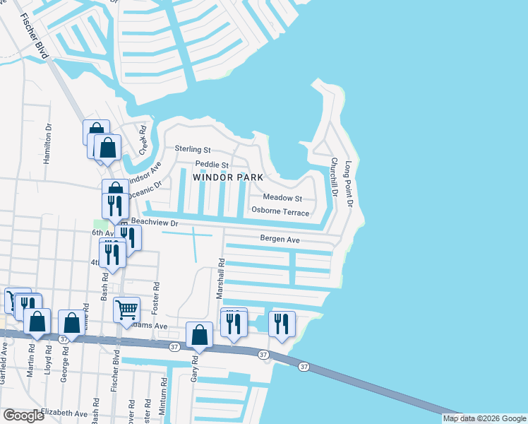 map of restaurants, bars, coffee shops, grocery stores, and more near 3220 Beachview Drive in Toms River