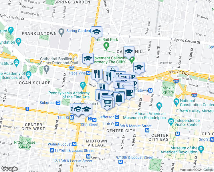 map of restaurants, bars, coffee shops, grocery stores, and more near 1213 Race Street in Philadelphia