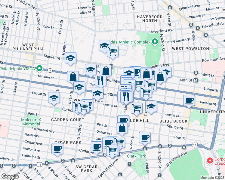 map of restaurants, bars, coffee shops, grocery stores, and more near 130 South 46th Street in Philadelphia