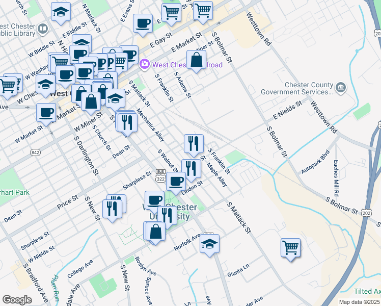 map of restaurants, bars, coffee shops, grocery stores, and more near 529 South Matlack Street in West Chester