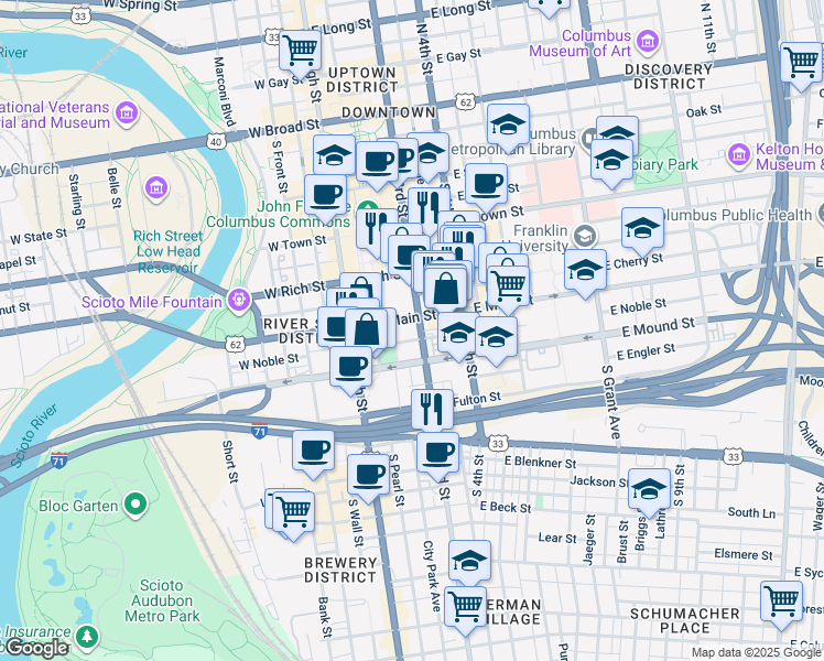 map of restaurants, bars, coffee shops, grocery stores, and more near in Columbus