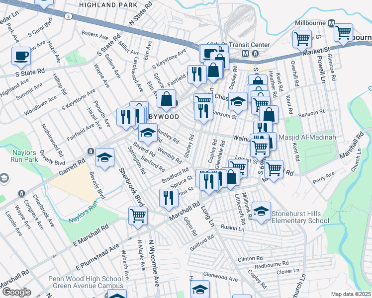 map of restaurants, bars, coffee shops, grocery stores, and more near 204 Huntley Road in Upper Darby