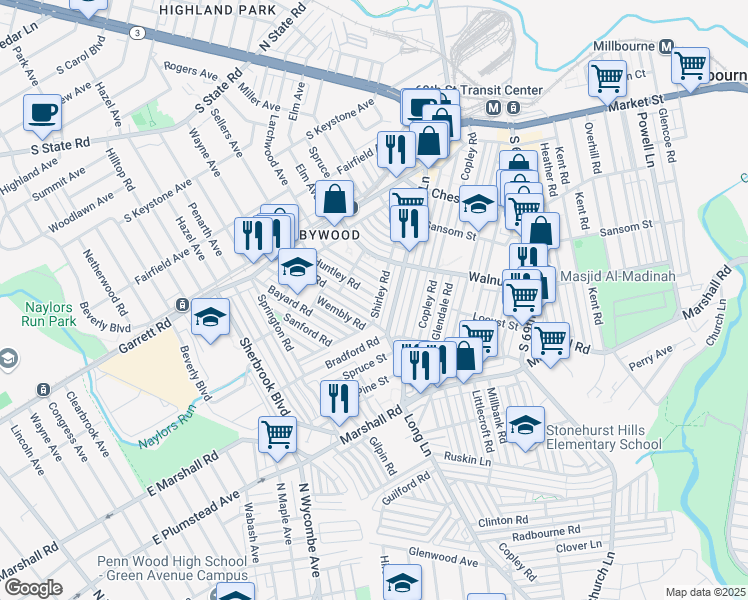 map of restaurants, bars, coffee shops, grocery stores, and more near 204 Huntley Road in Delaware County