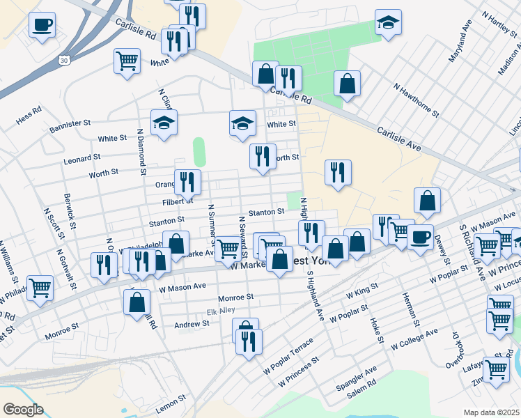 map of restaurants, bars, coffee shops, grocery stores, and more near 1517 Stanton Street in West York