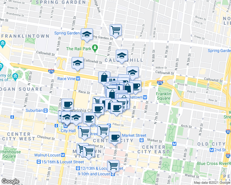map of restaurants, bars, coffee shops, grocery stores, and more near 215 North 11th Street in Philadelphia
