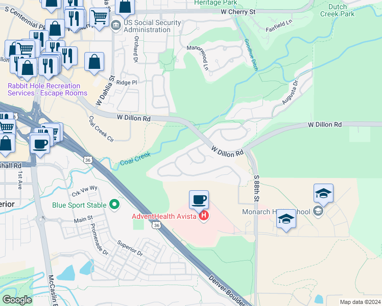 map of restaurants, bars, coffee shops, grocery stores, and more near 453 Muirfield Circle in Louisville