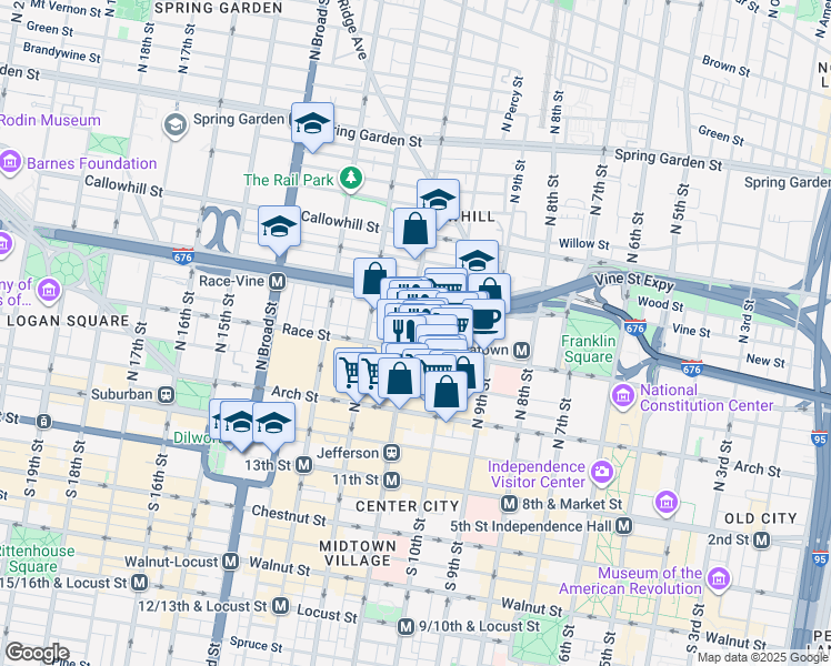 map of restaurants, bars, coffee shops, grocery stores, and more near 215 North 11th Street in Philadelphia