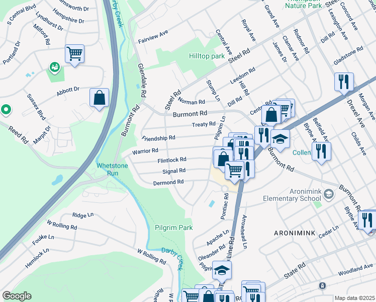 map of restaurants, bars, coffee shops, grocery stores, and more near 144 Warrior Road in Drexel Hill
