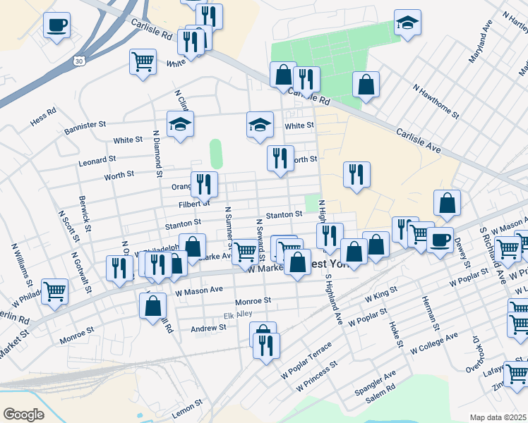 map of restaurants, bars, coffee shops, grocery stores, and more near 1559 Stanton Street in West York