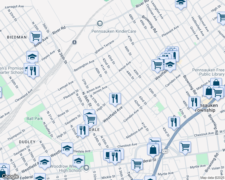 map of restaurants, bars, coffee shops, grocery stores, and more near 424 North 40th Street in Pennsauken Township