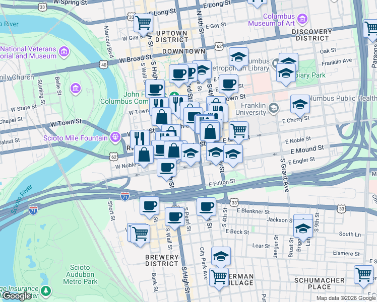map of restaurants, bars, coffee shops, grocery stores, and more near 69 East Main Street in Columbus