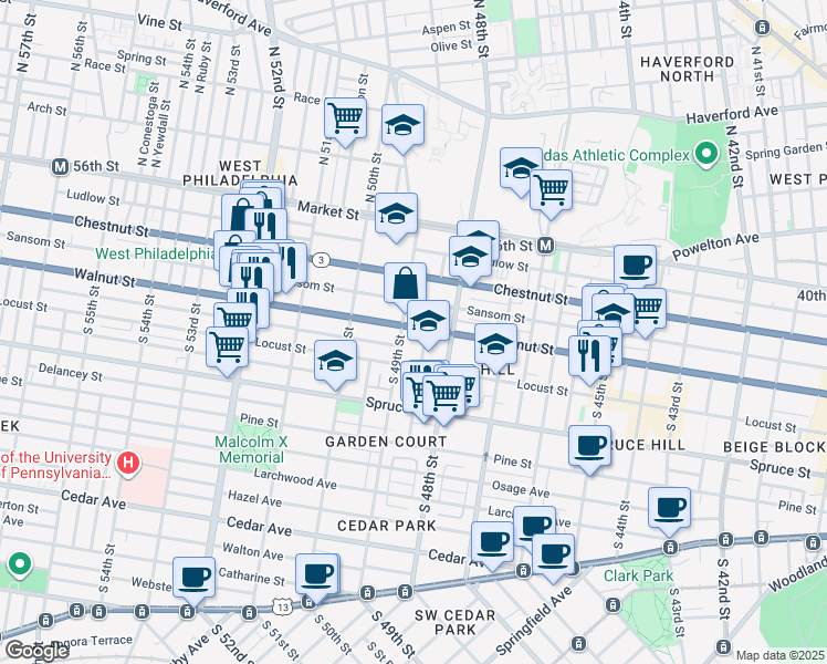 map of restaurants, bars, coffee shops, grocery stores, and more near 4836 Walnut Street in Philadelphia