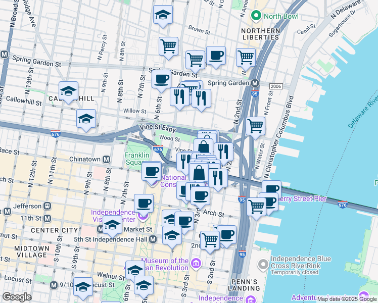 map of restaurants, bars, coffee shops, grocery stores, and more near Vine St & N 4th St in Philadelphia