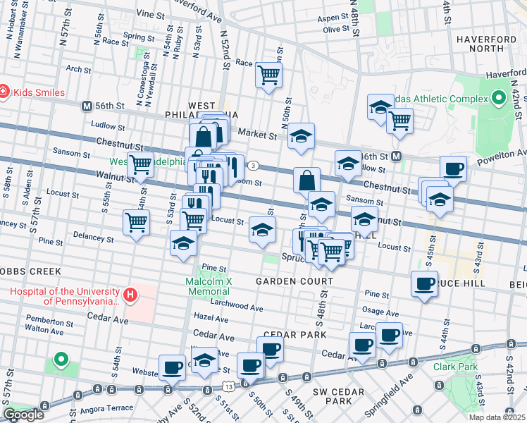 map of restaurants, bars, coffee shops, grocery stores, and more near 5009 Chancellor Street in Philadelphia