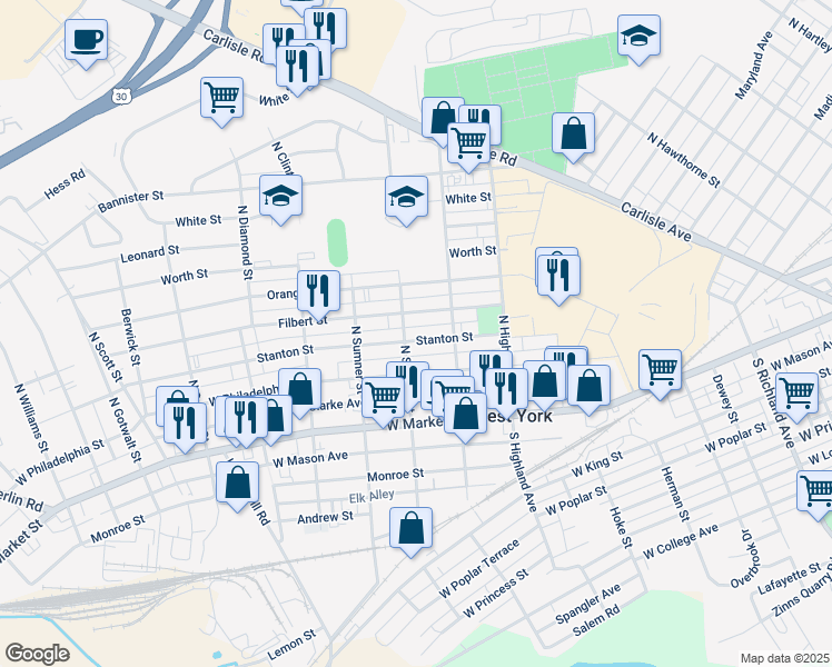map of restaurants, bars, coffee shops, grocery stores, and more near 1557 Stanton Street in West York