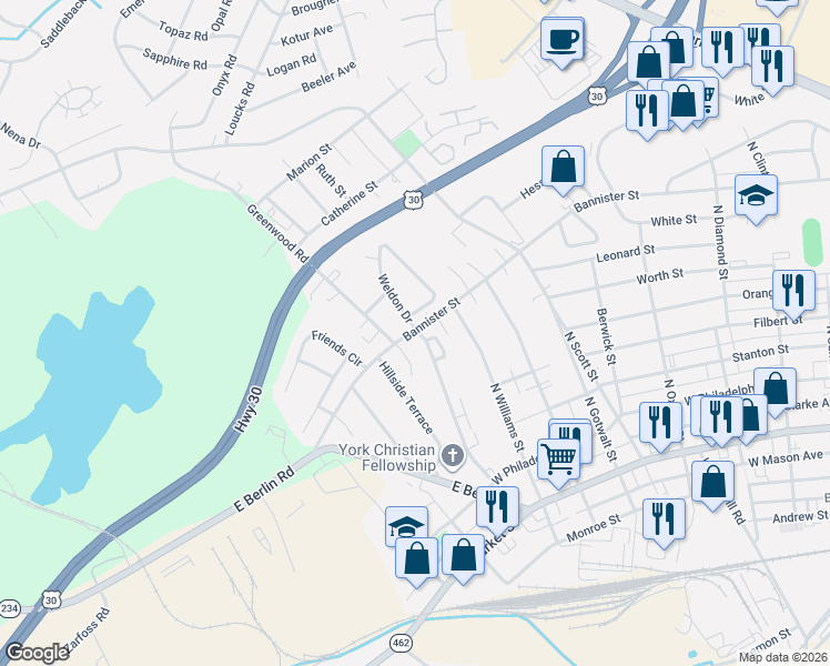map of restaurants, bars, coffee shops, grocery stores, and more near 403 Weldon Drive in York