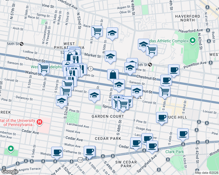 map of restaurants, bars, coffee shops, grocery stores, and more near 4906 Walnut Street in Philadelphia