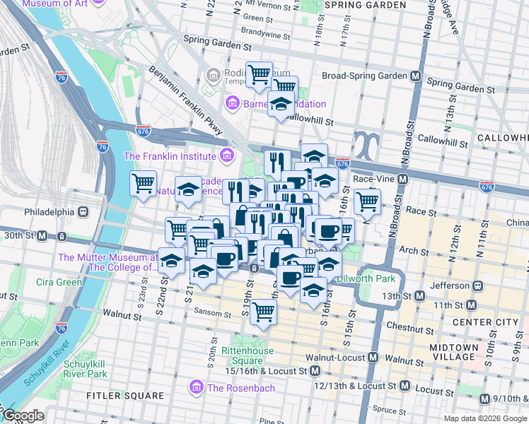 map of restaurants, bars, coffee shops, grocery stores, and more near 1835 Arch Street in Philadelphia