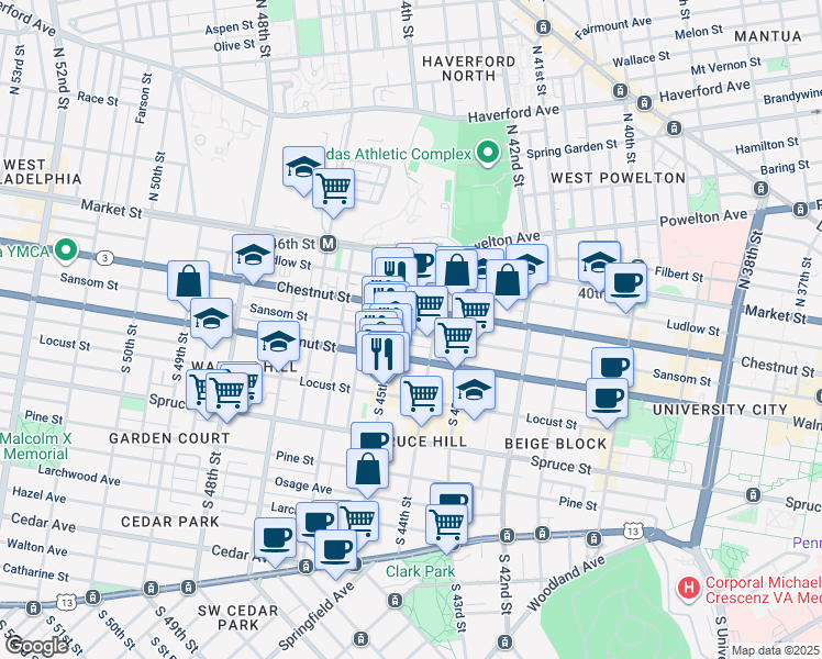 map of restaurants, bars, coffee shops, grocery stores, and more near 4427 Sansom Street in Philadelphia