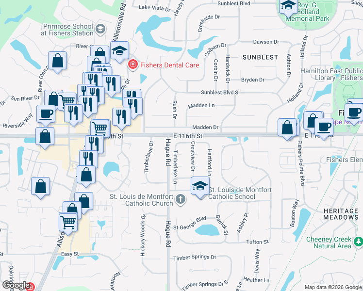 map of restaurants, bars, coffee shops, grocery stores, and more near 11525 Timberlake Lane in Fishers