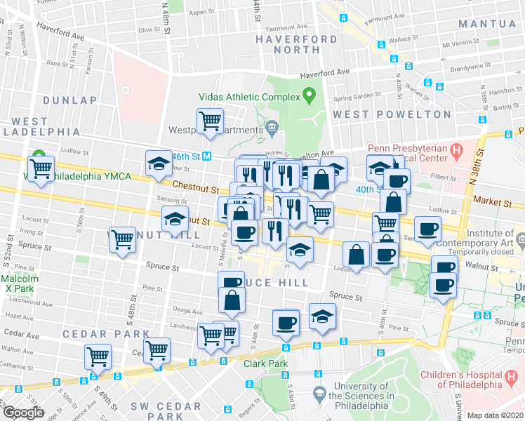 map of restaurants, bars, coffee shops, grocery stores, and more near 4421 Sansom Street in Philadelphia