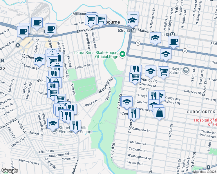 map of restaurants, bars, coffee shops, grocery stores, and more near 6605 Short Lane in Delaware County