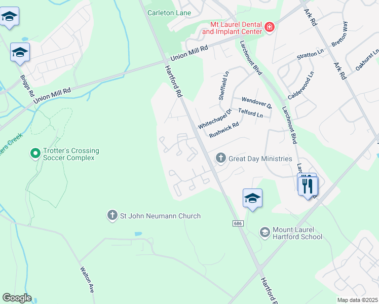 map of restaurants, bars, coffee shops, grocery stores, and more near 288B Everly Court in Mount Laurel Township