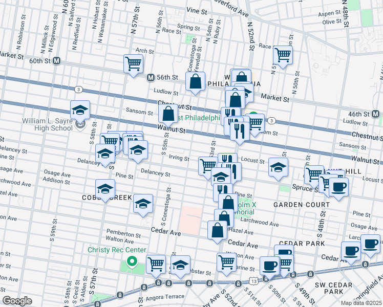 map of restaurants, bars, coffee shops, grocery stores, and more near 5354 Locust Street in Philadelphia