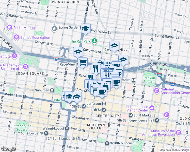 map of restaurants, bars, coffee shops, grocery stores, and more near 1213 Race Street in Philadelphia