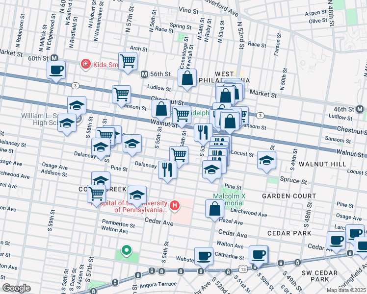 map of restaurants, bars, coffee shops, grocery stores, and more near 5354 Locust Street in Philadelphia