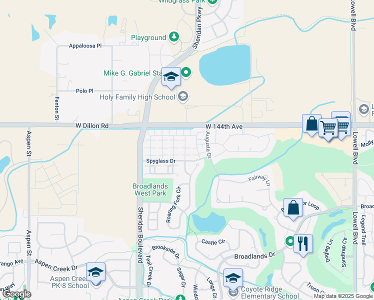 map of restaurants, bars, coffee shops, grocery stores, and more near 4925 Spyglass Drive in Broomfield