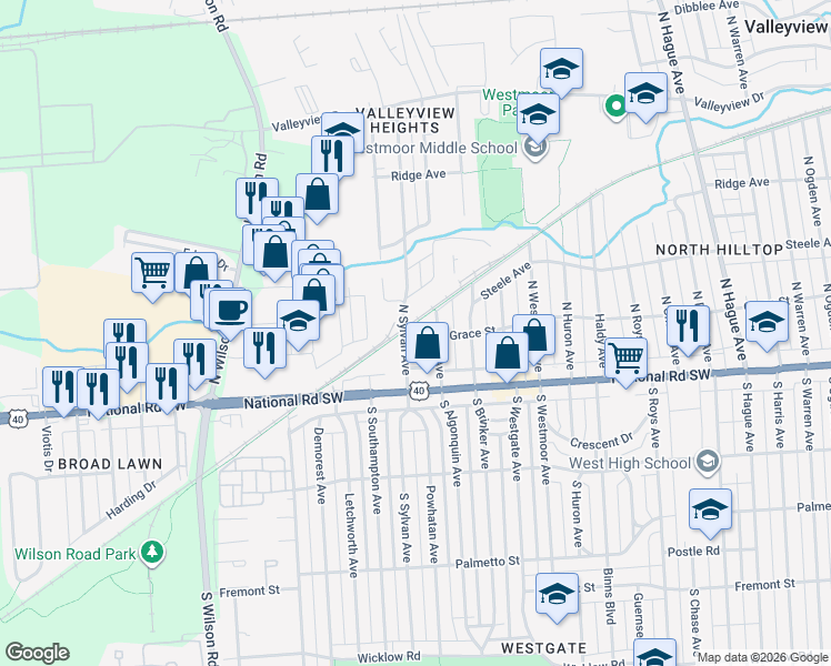 map of restaurants, bars, coffee shops, grocery stores, and more near 58 North Sylvan Avenue in Columbus